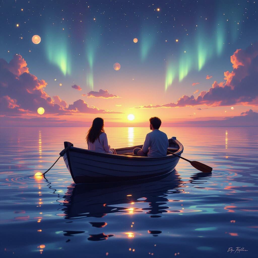 Cosmic Sea Lifeboat Under Midnight Sun in Dreamlike Realism