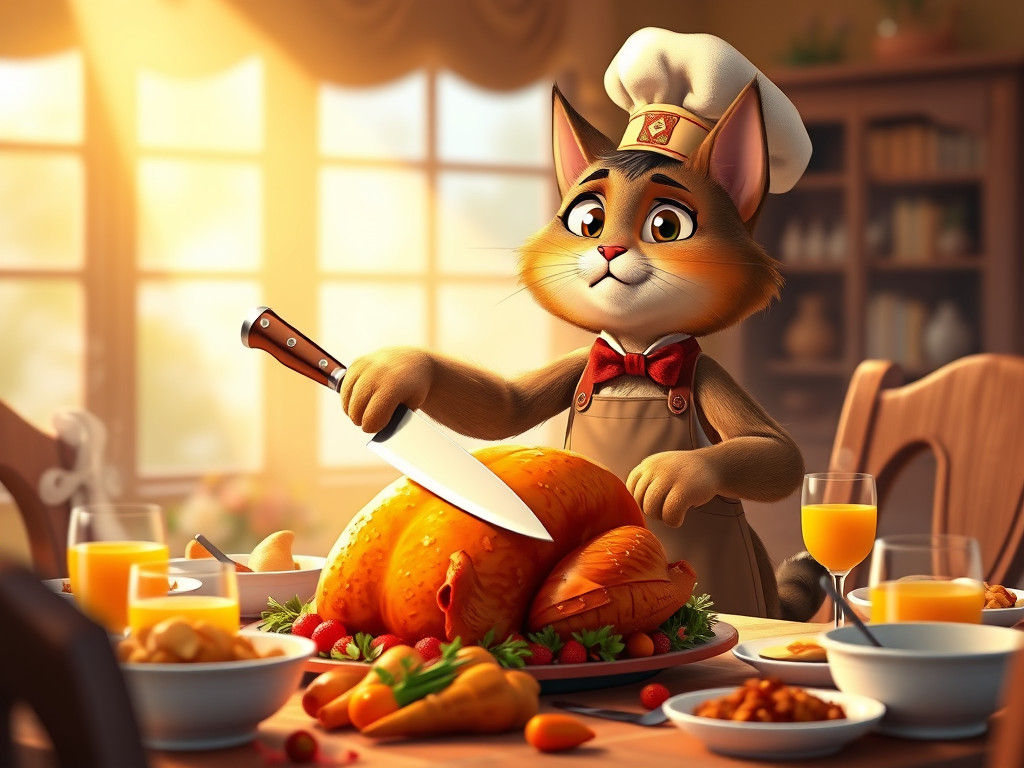 Cartoon Cat Chef Carving Thanksgiving Turkey in 3D Animation