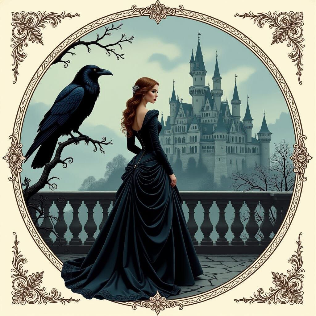 Baroque Gothic Woman with Raven and Castle