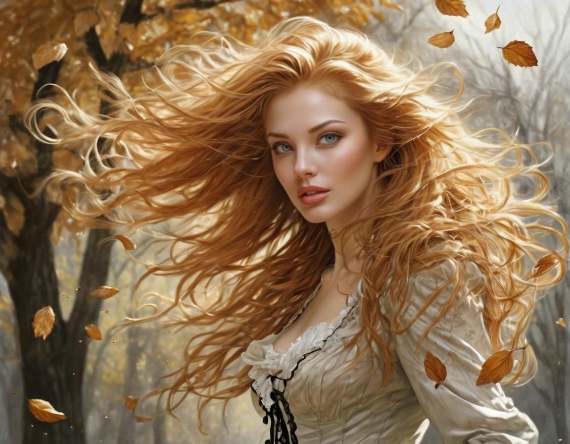 Victorian Woman in Autumn Wind, Anime Style