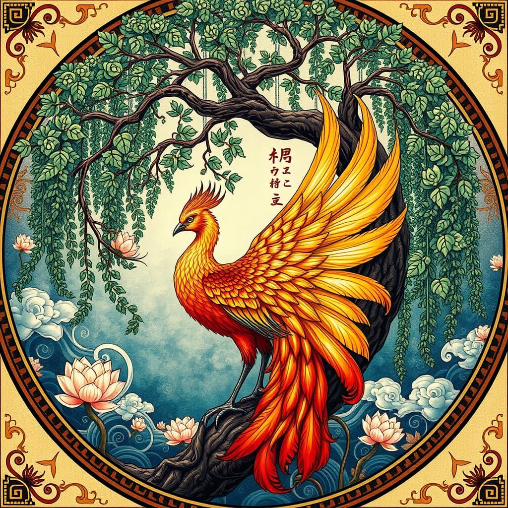 Majestic Phoenix at Willow Tree in Impasto Style