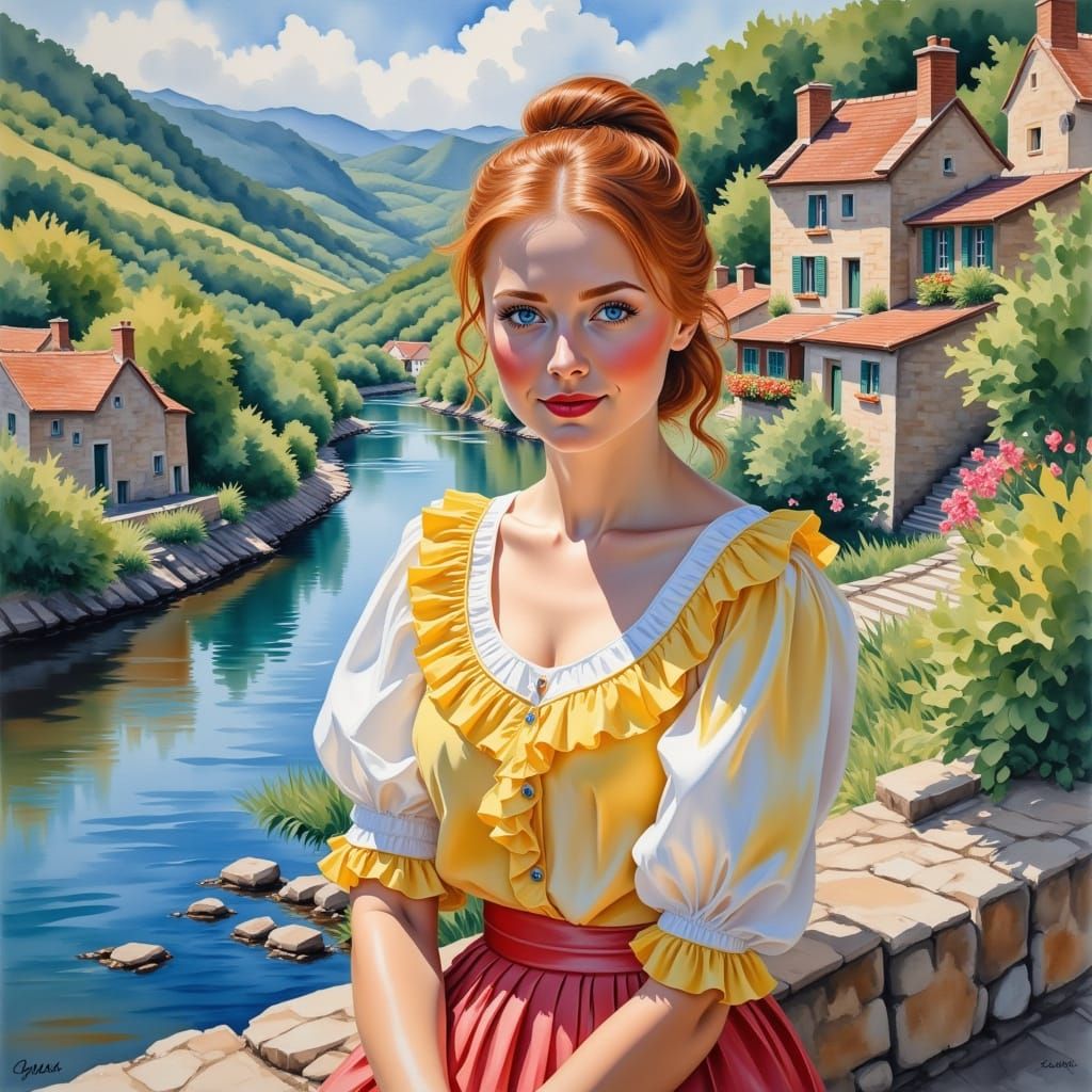 Impressionist Village Scene with Woman by Lake