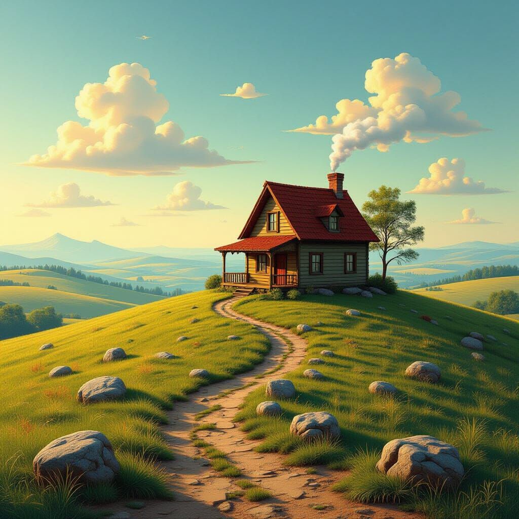 Dreamlike Cabin on Hill in Surrealist Style