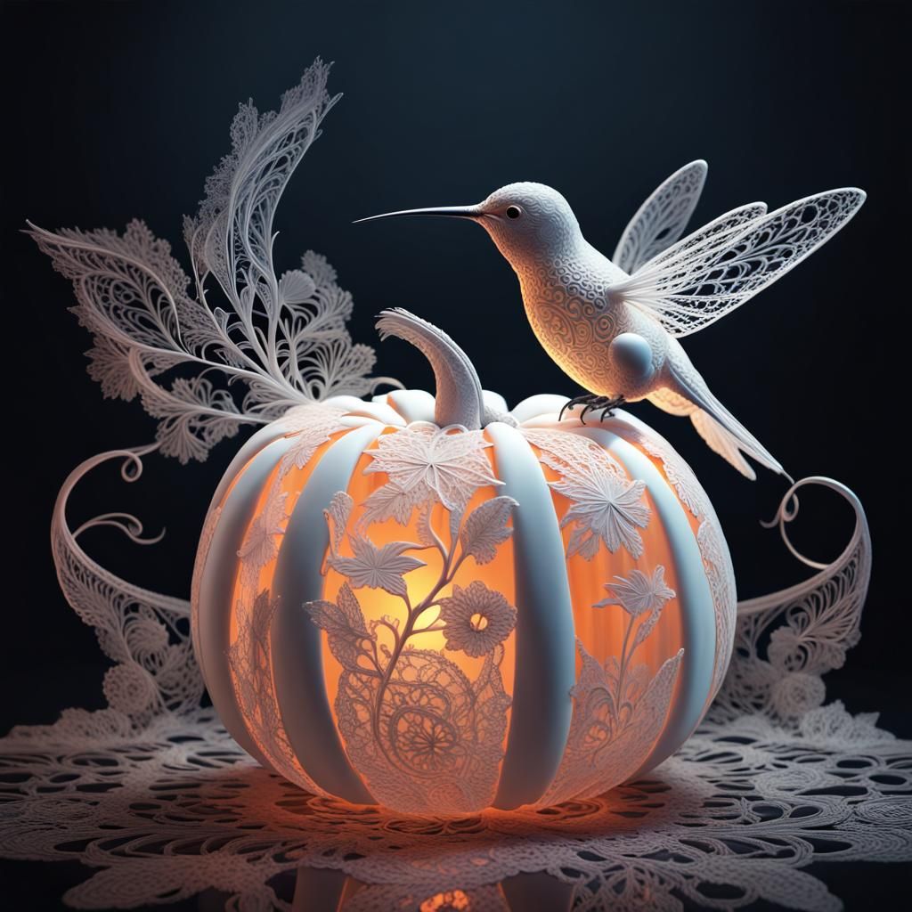 white hummingbird carved in a transparent lace pumpkin.