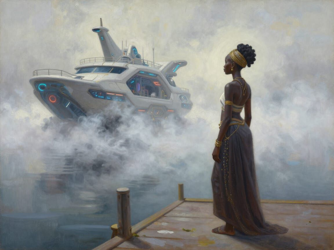 East African Princess Views Afrofuturistic Boat on Pier