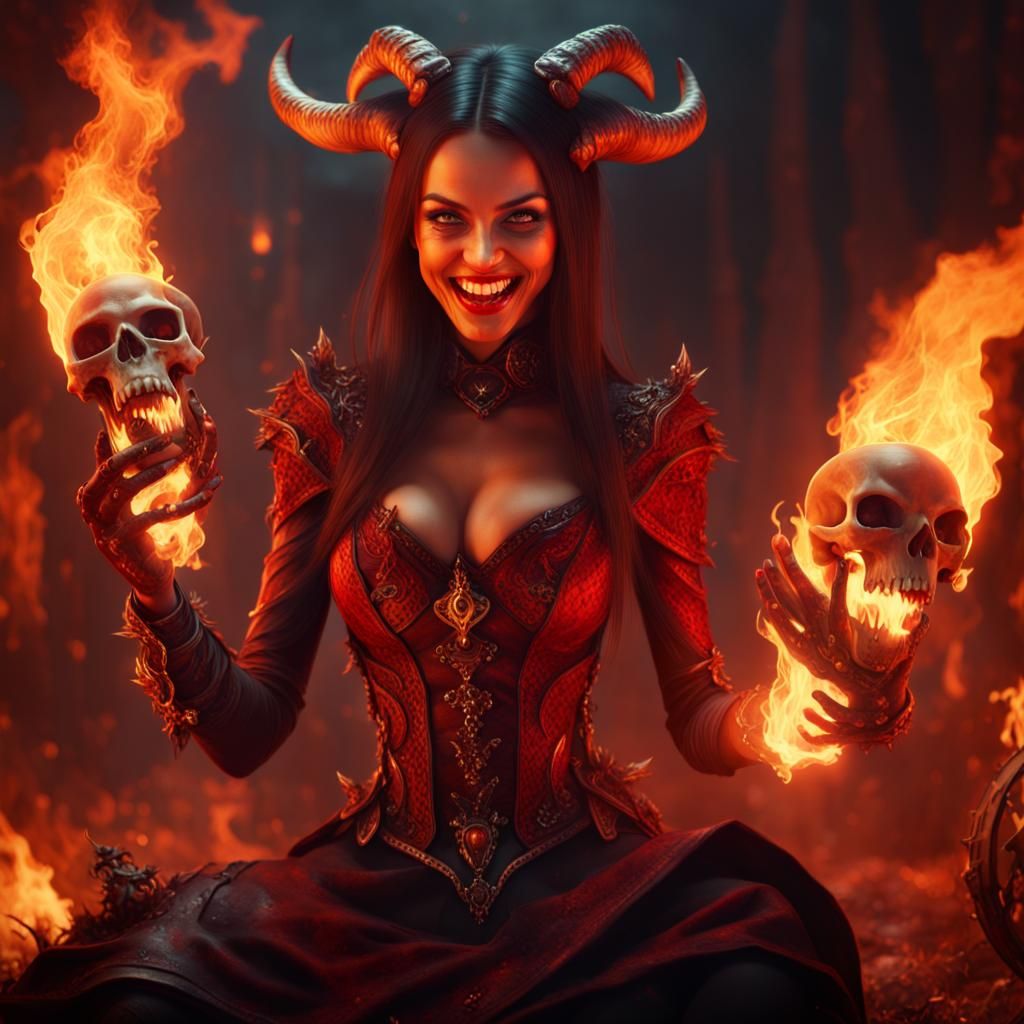 She Devil Laughing with Goblin Skull