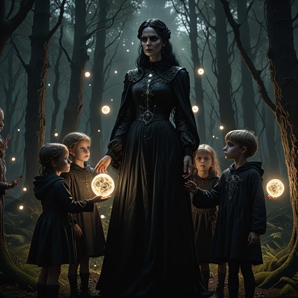 Gothic Mother Figure Protects Children in Dark Forest with D...