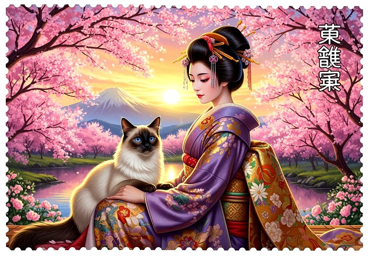 Siamese Cat and Geisha on Japanese Stamp