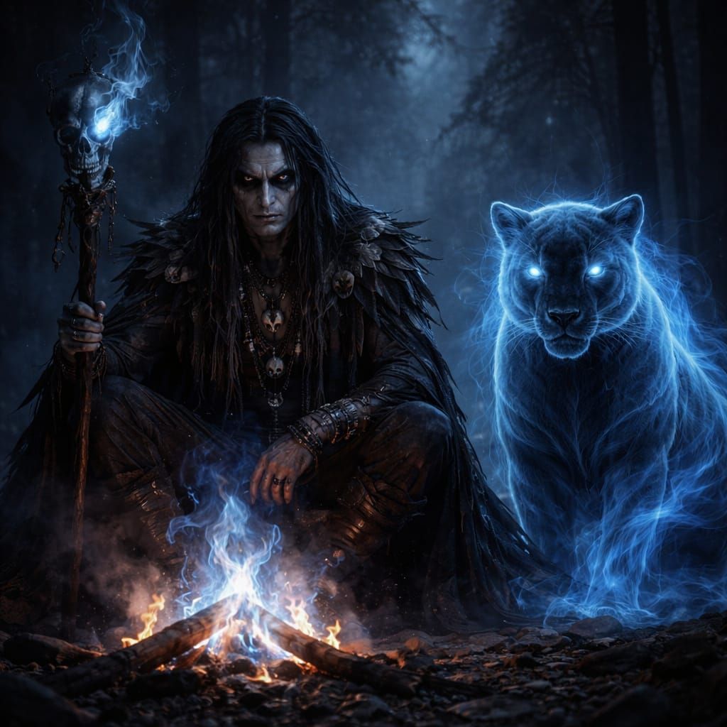 Gothic Shaman and Spirit Panther by Blue Fire