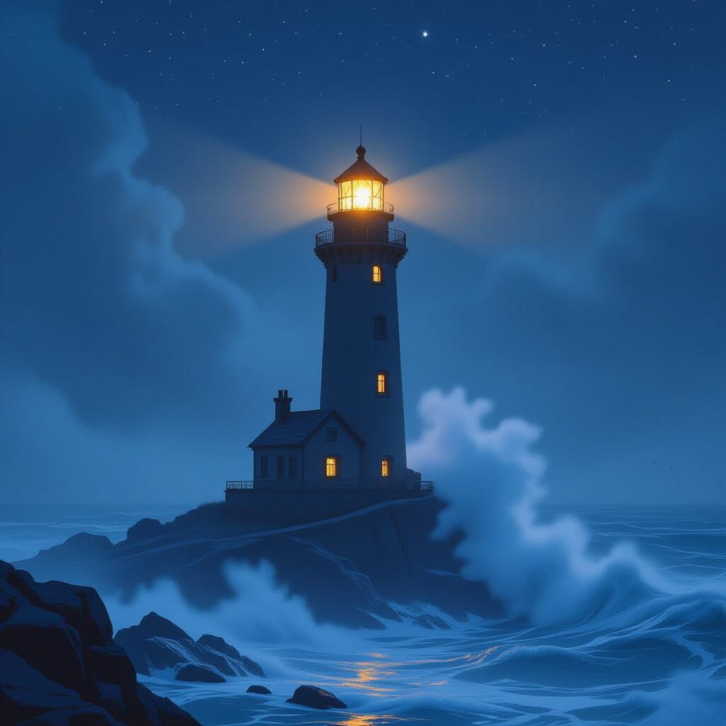 Lighthouse Shining Through Fog Under Starry Sky