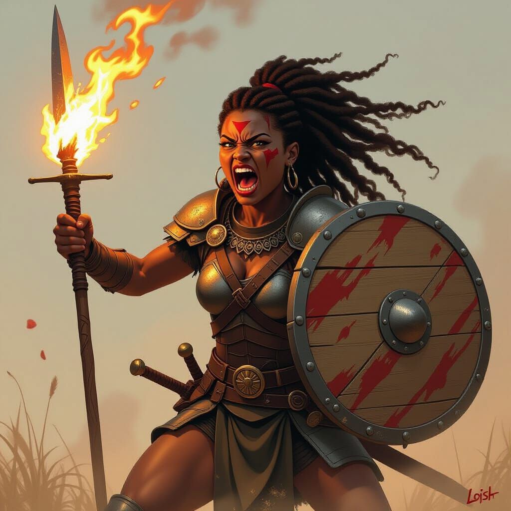 Fearless African Warrior Blocks Flaming Spear