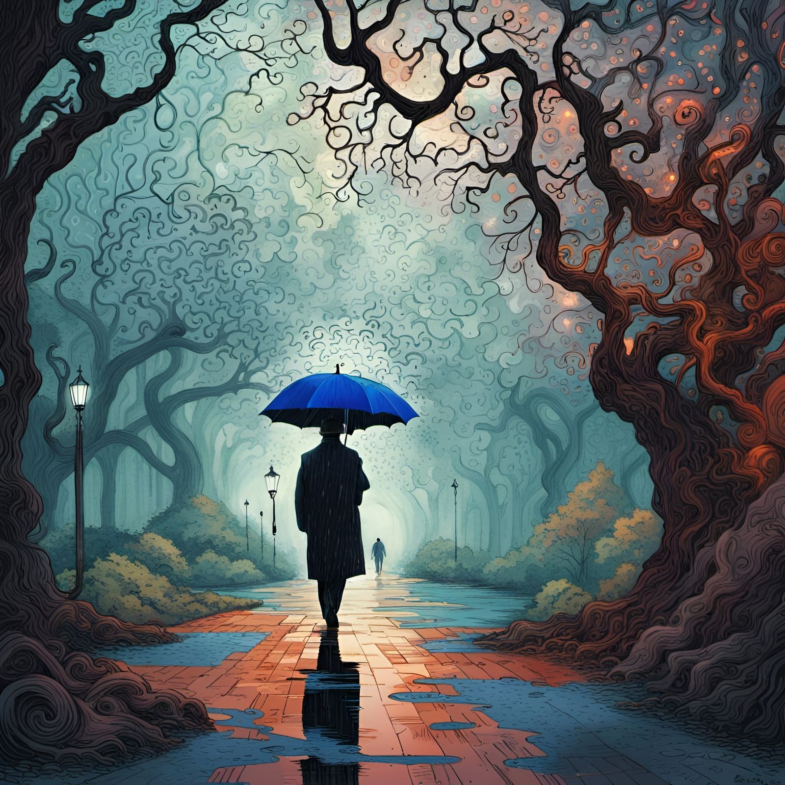 Gothic Rainy Day in Park with Blue Umbrella