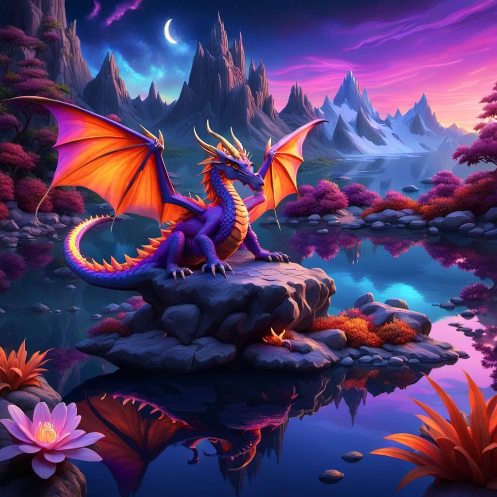 Purple Dragon in Mystical Lake: 3D Digital Art