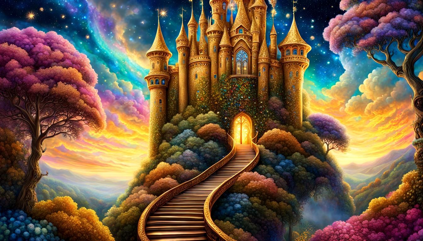 Magical Ladder Ascends from Whimsical Castle: Surreal Art