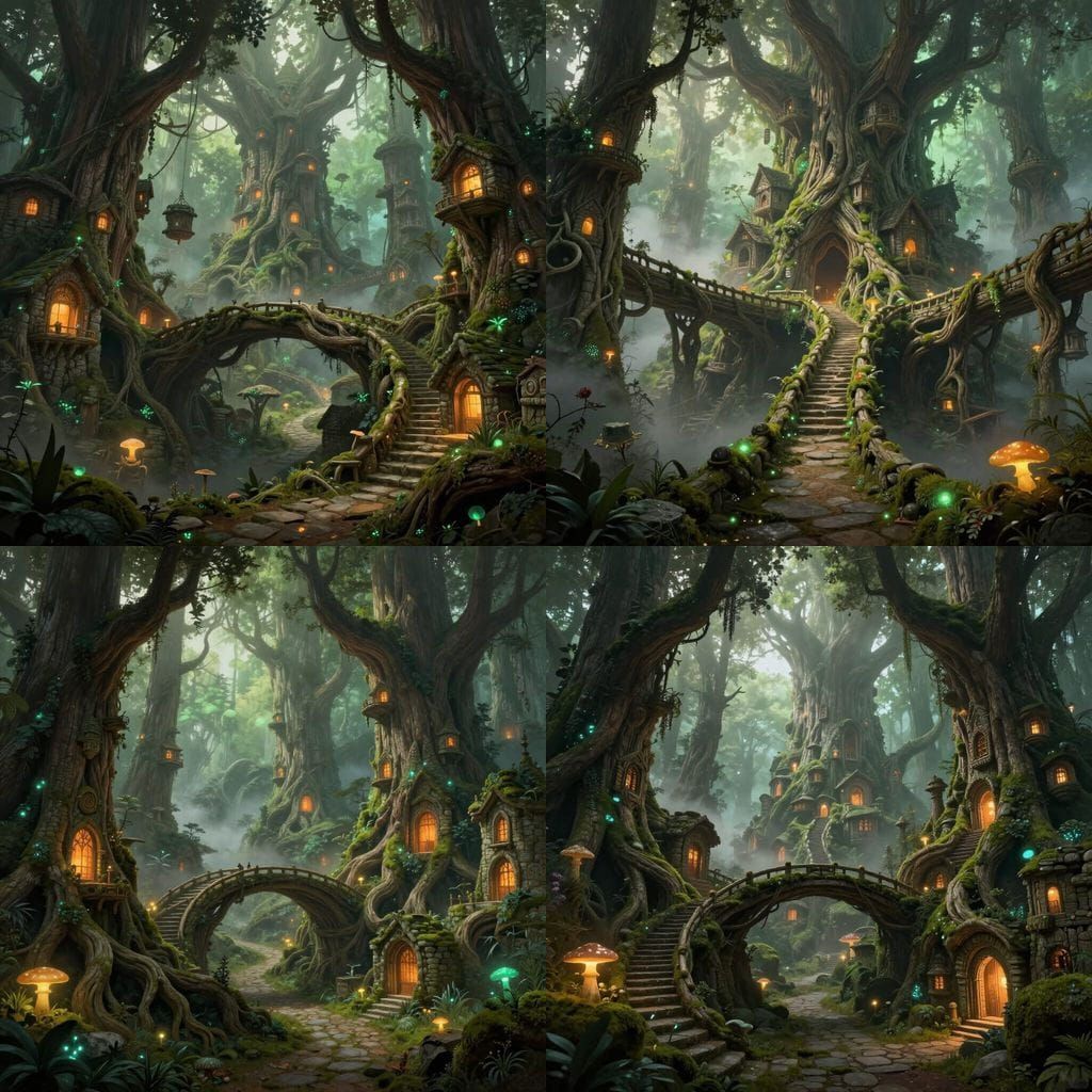 Ancient Tree City with Bioluminescent Glow