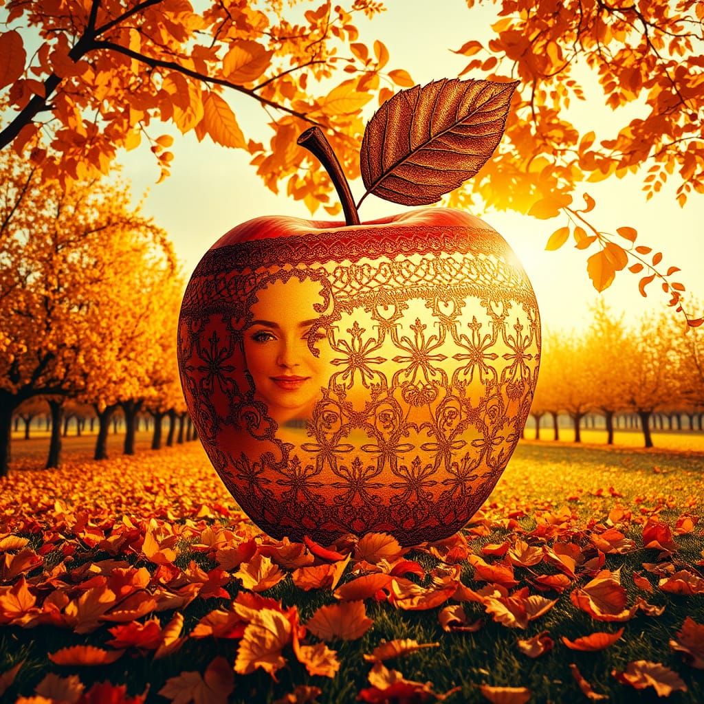 Surreal Apple Double Exposure with Autumn Landscape