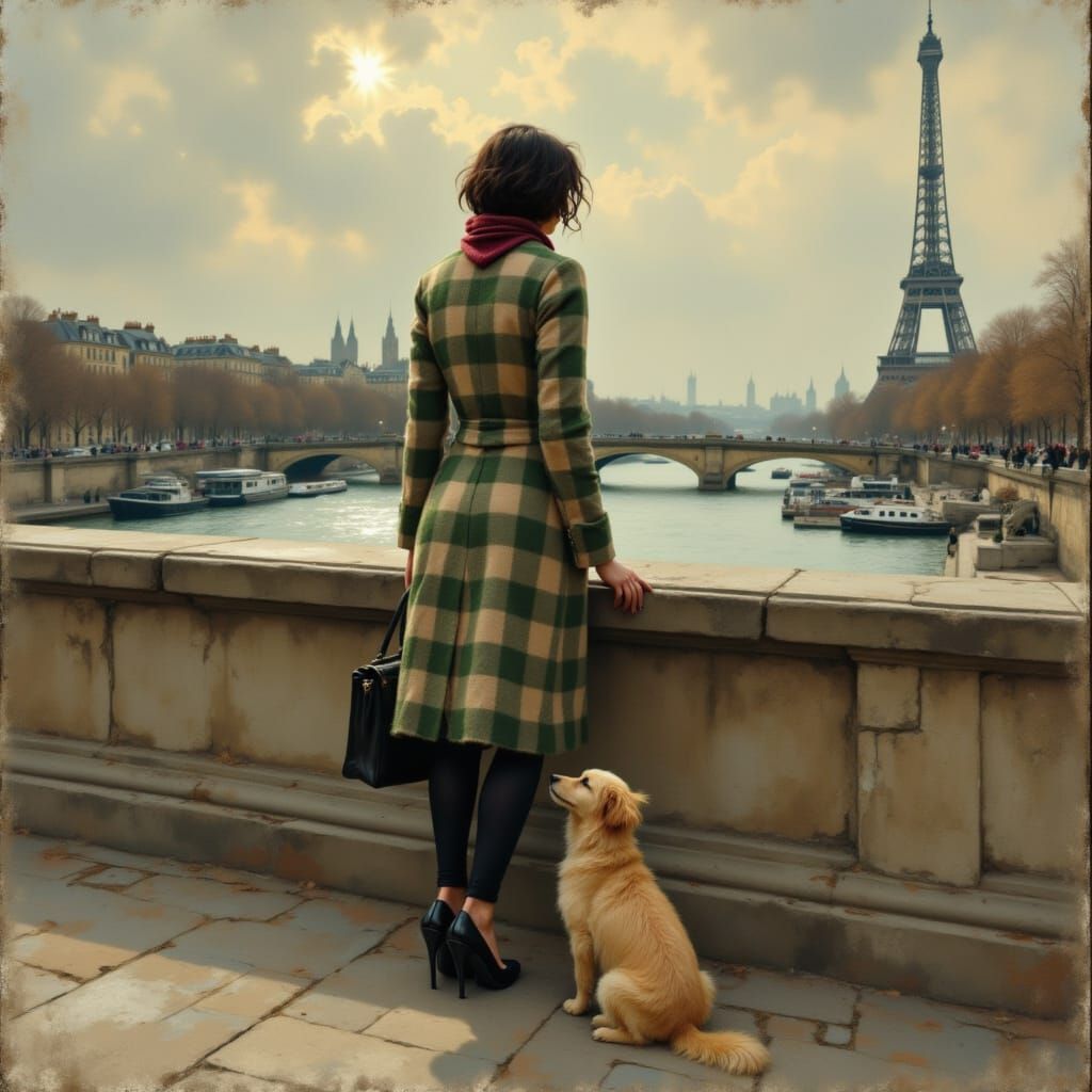 Woman Gazes at Seine in Paris with Eiffel Tower