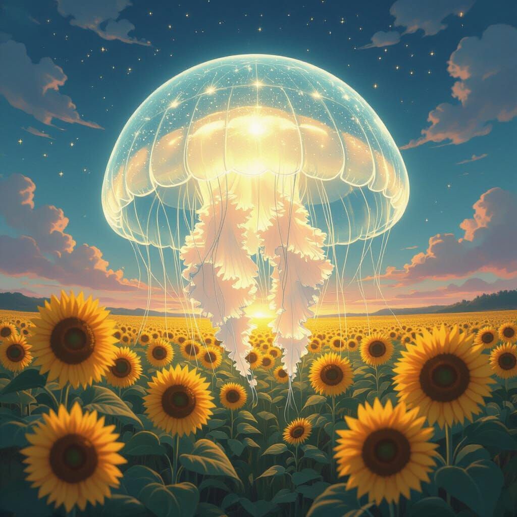 Bioluminescent Jellyfish in Sunflower Field, Dreamy Art