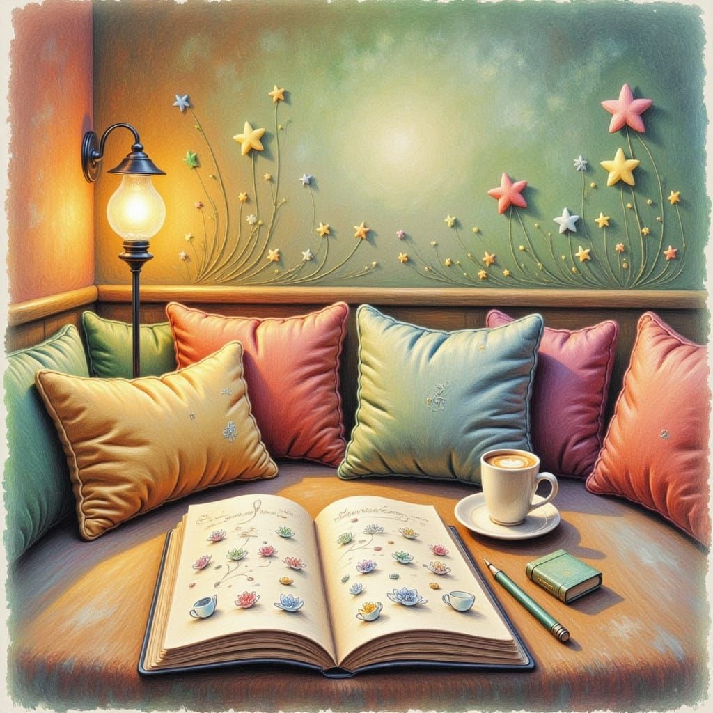 Cozy Cafe Sketchbook Corner in Storybook Style