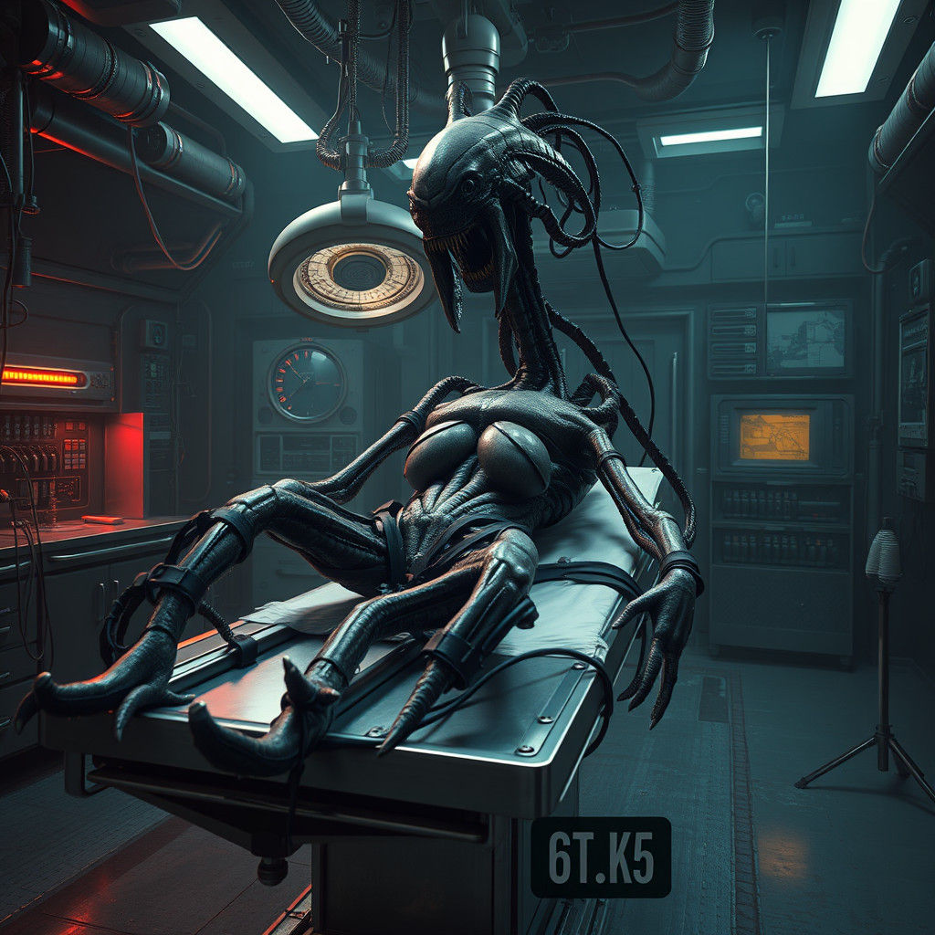 Biomechanical Horror Experiment in Dark Sci-Fi Lab