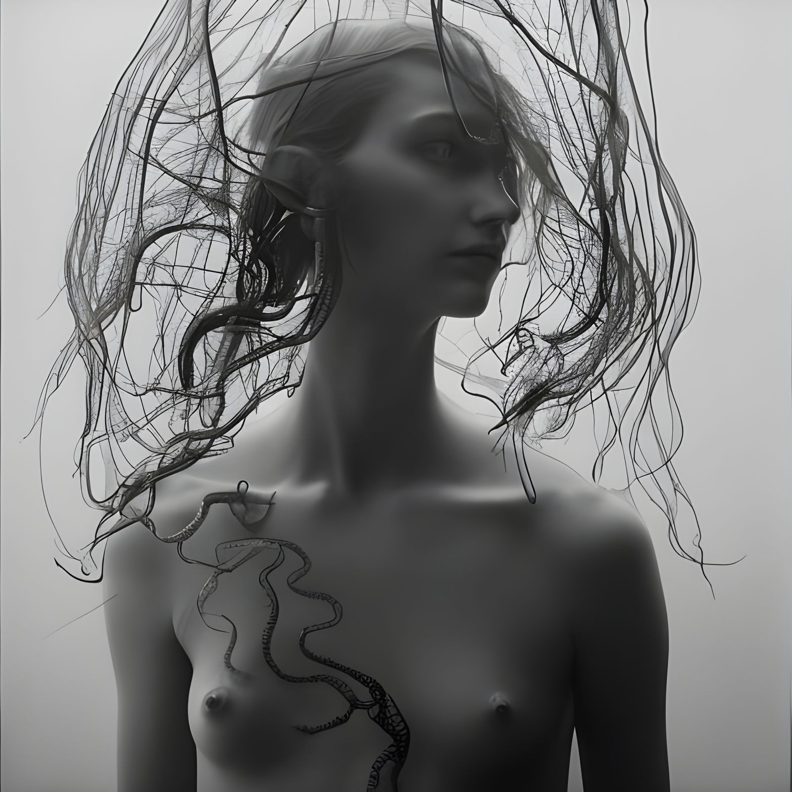 Hyperrealistic Cyborg-Squid with Angelic Figure