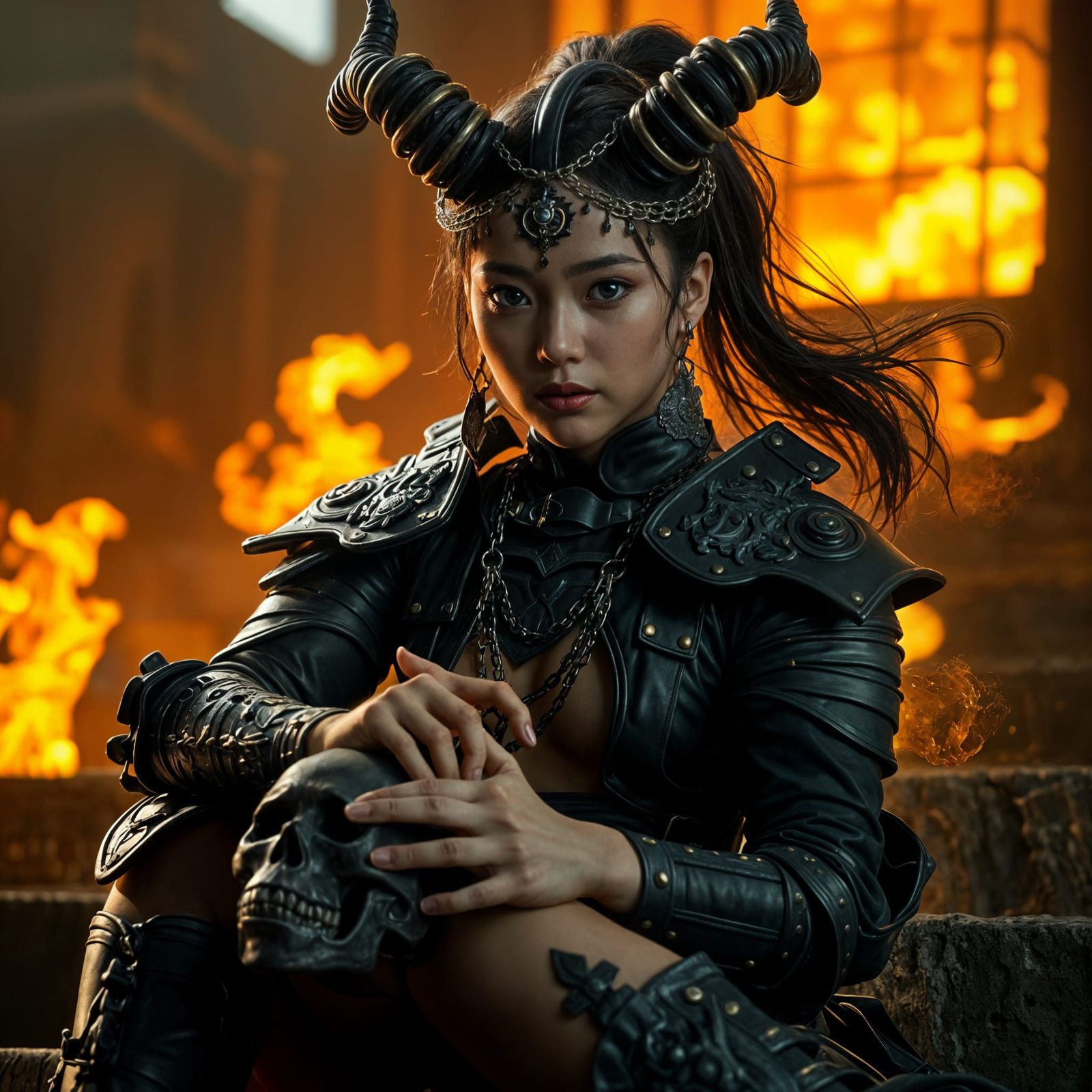 Beautiful Demon Girl in Fiery Chiaroscuro Lighting