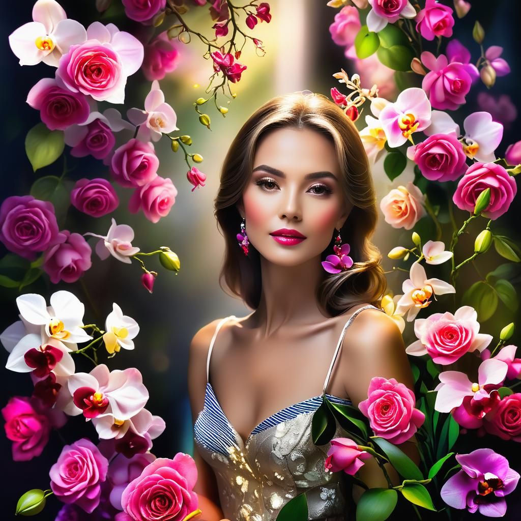 Woman's Portrait with Roses and Luminous Backdrop