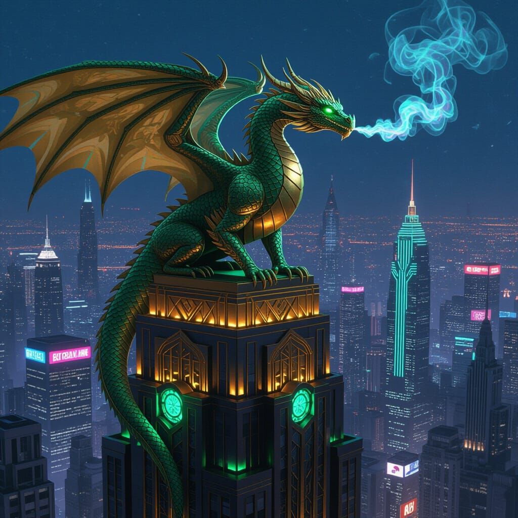 Majestic Brass & Emerald Dragon on Art Deco Skyscraper