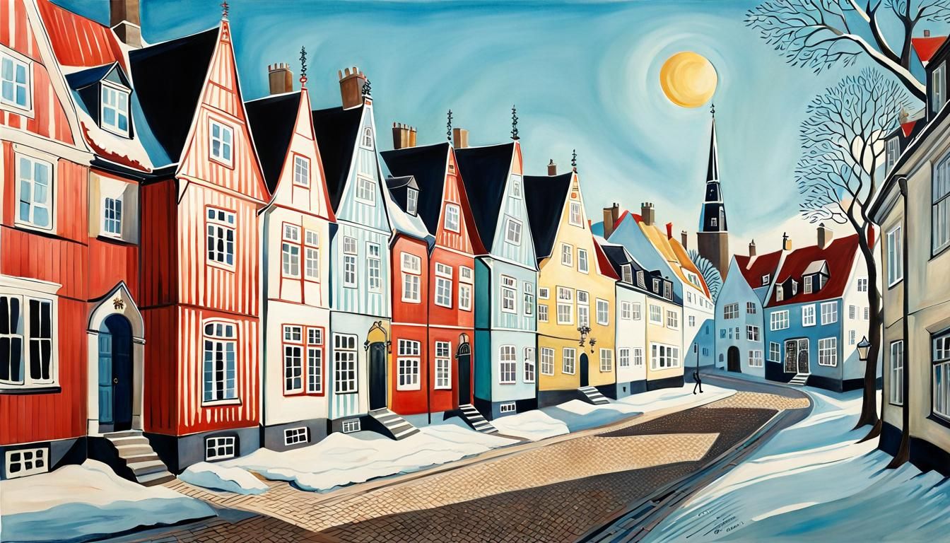 Sunny Winter Street in Old Danish City