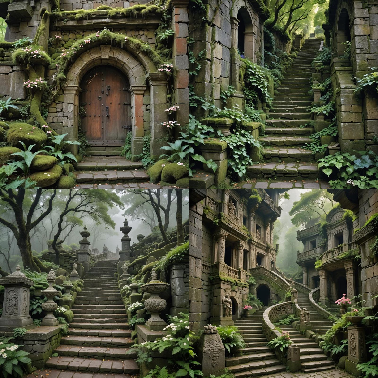 Enchanting Stone Staircase with Forest Guardian Sculptures