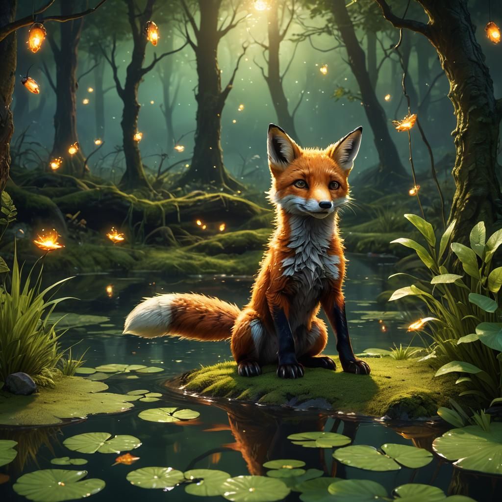 Fox Cub and Forest Pond: Fantasy Concept Art