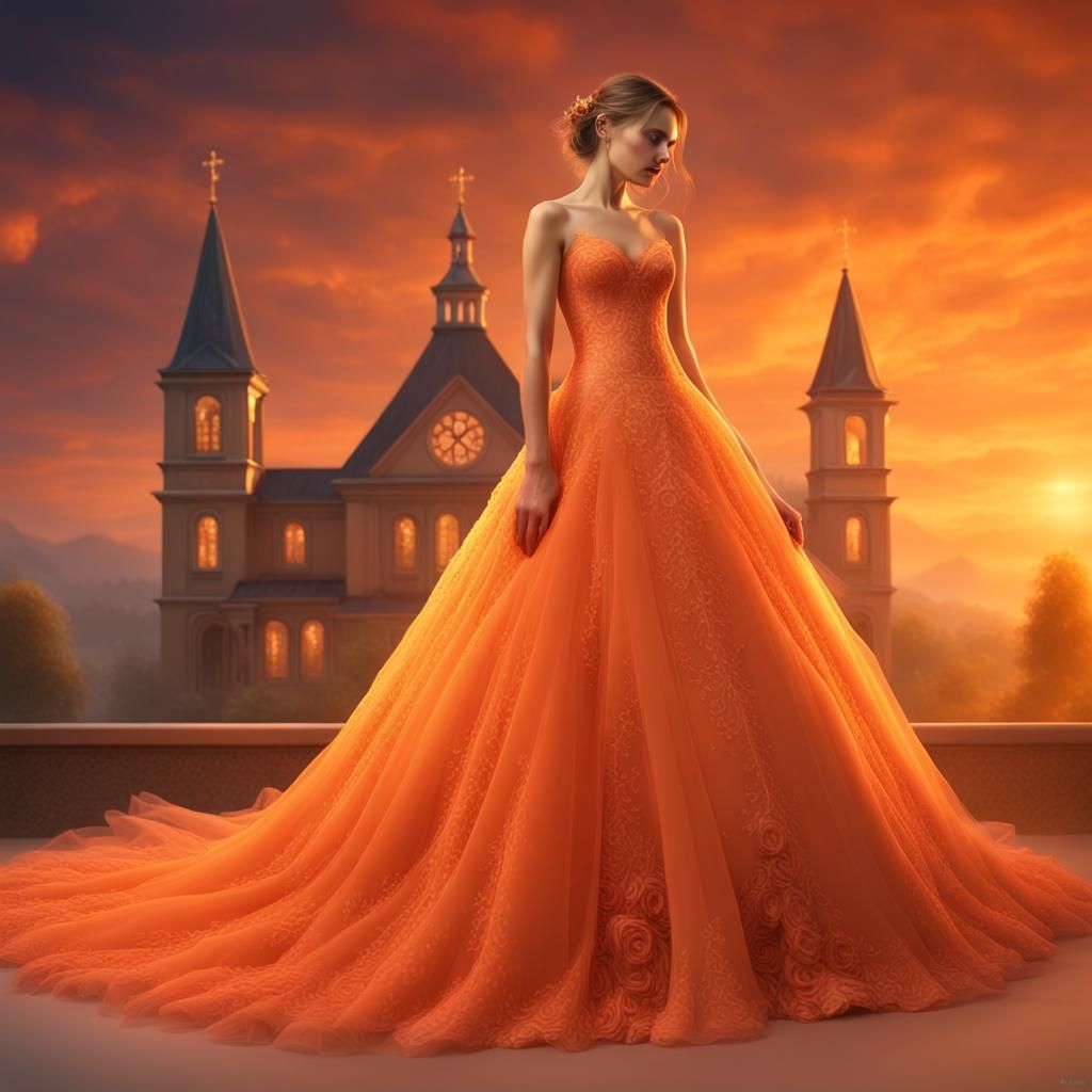 Orange Wedding Dress in 3D, Ethereal Fantasy Style