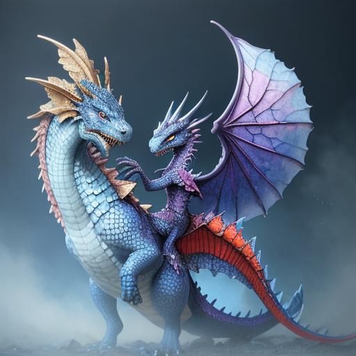 Blue Dragon Feast: Iridescent Scales in Oil Painting Style