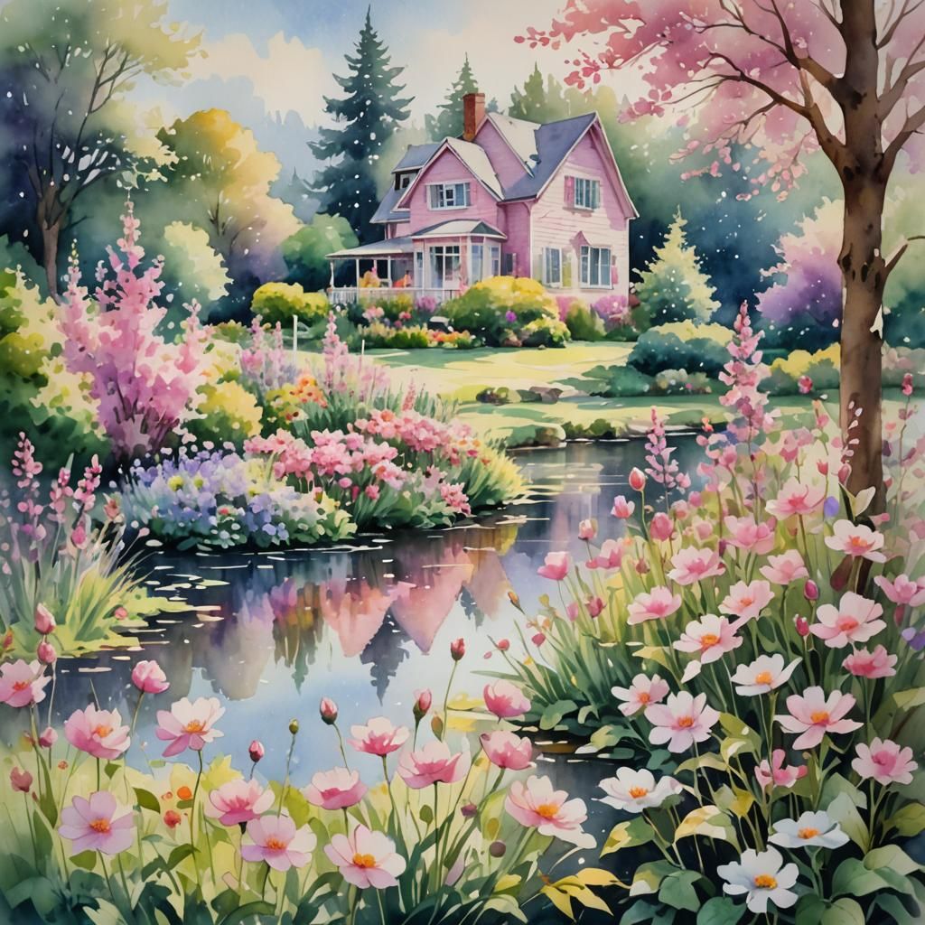 Watercolor Garden with Pink, White, and Purple Flowers