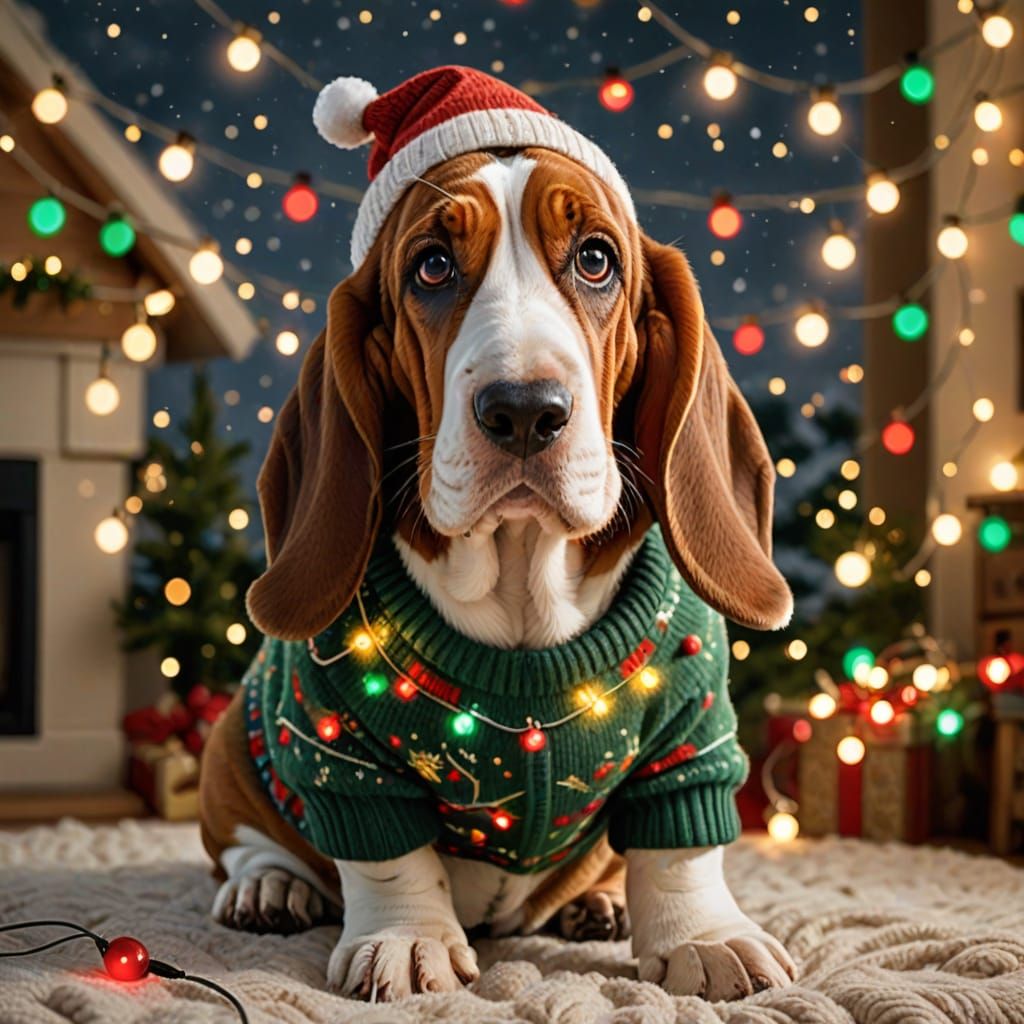 Adorable Basset Hound Tangled in Christmas Lights
