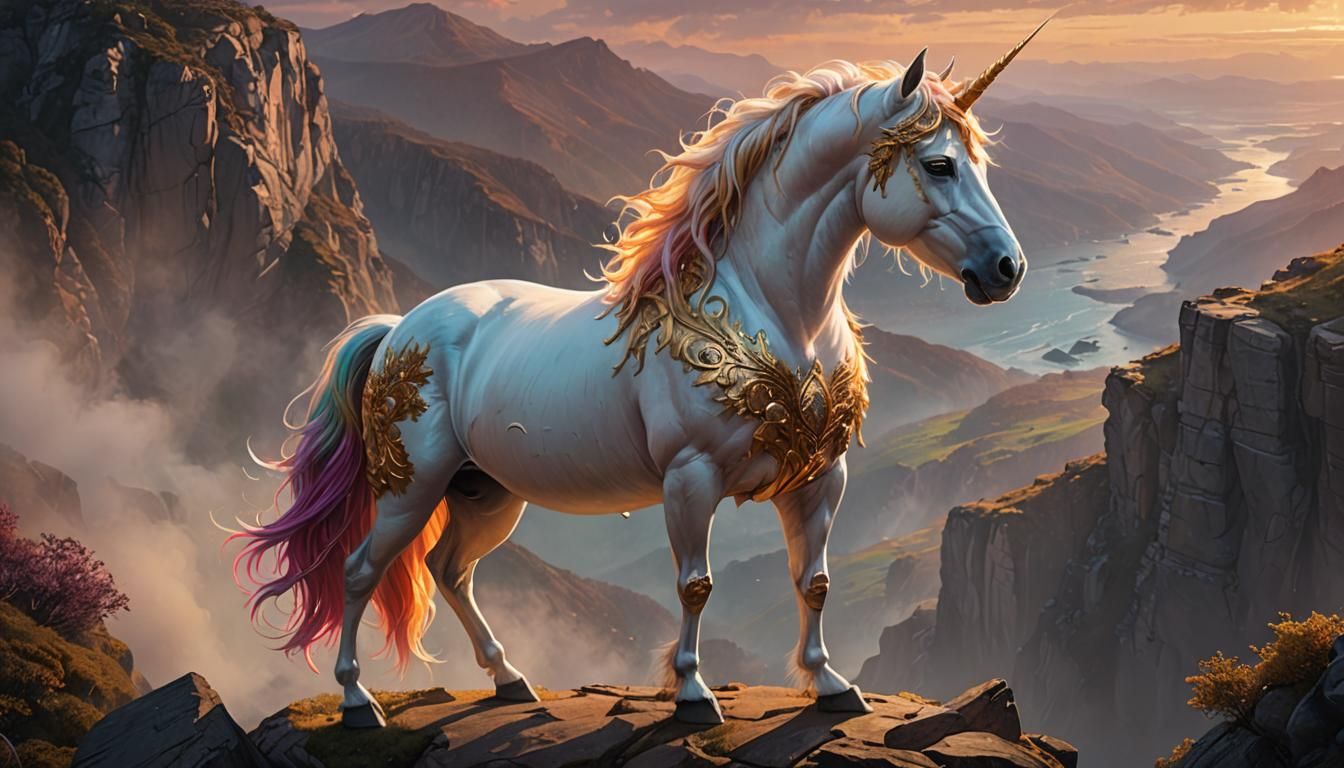 Surrealistic Unicorn Cliff Scene in Hyperrealistic Style
