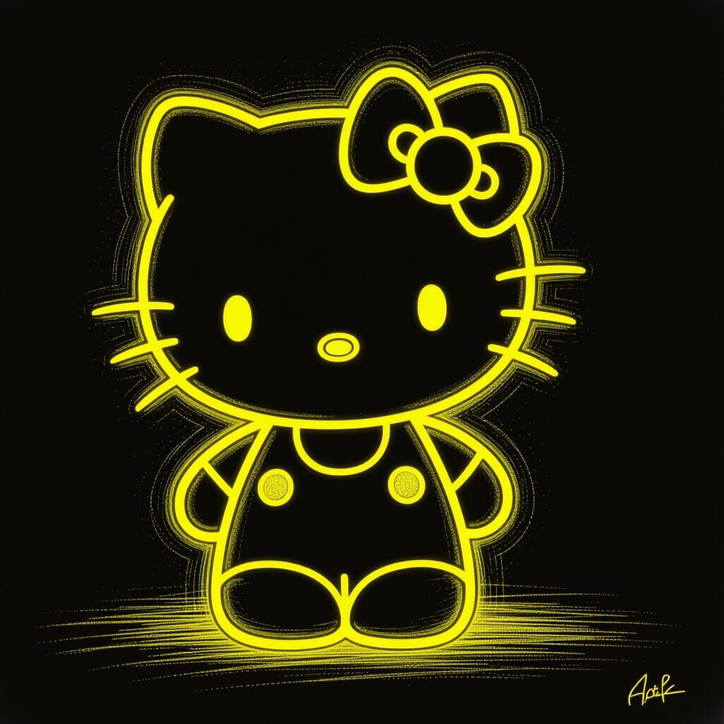 Neon Yellow Hello Kitty Charcoal Drawing in Cartoon Style