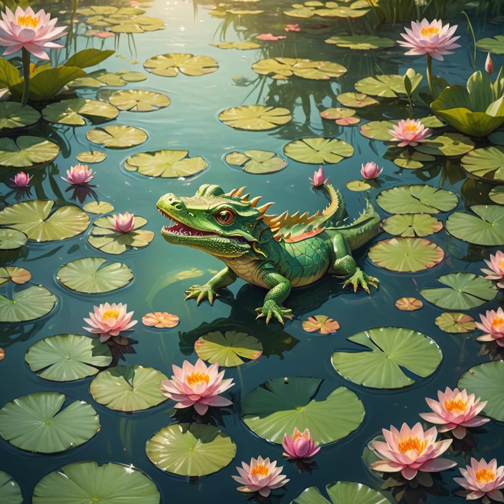 Baby Water Dragon in Lotus Pond: Fantasy Art