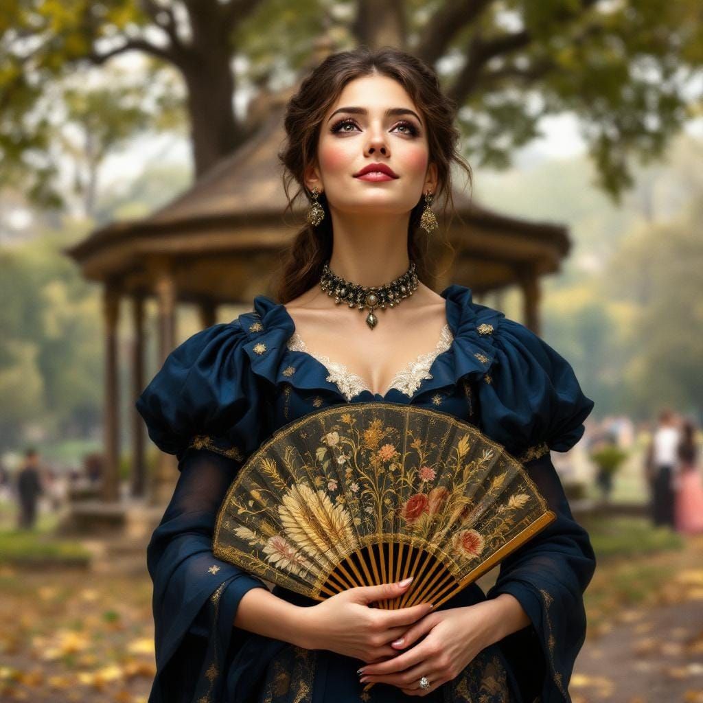 Middle-Aged Notary Woman with Fan in Ancient Park