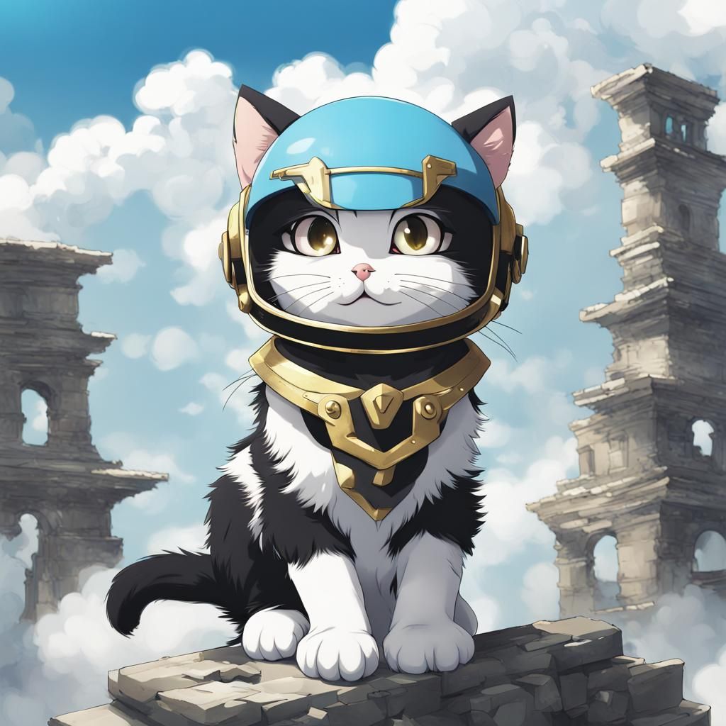 Kitten in Helmet on Cloud, Anime Style