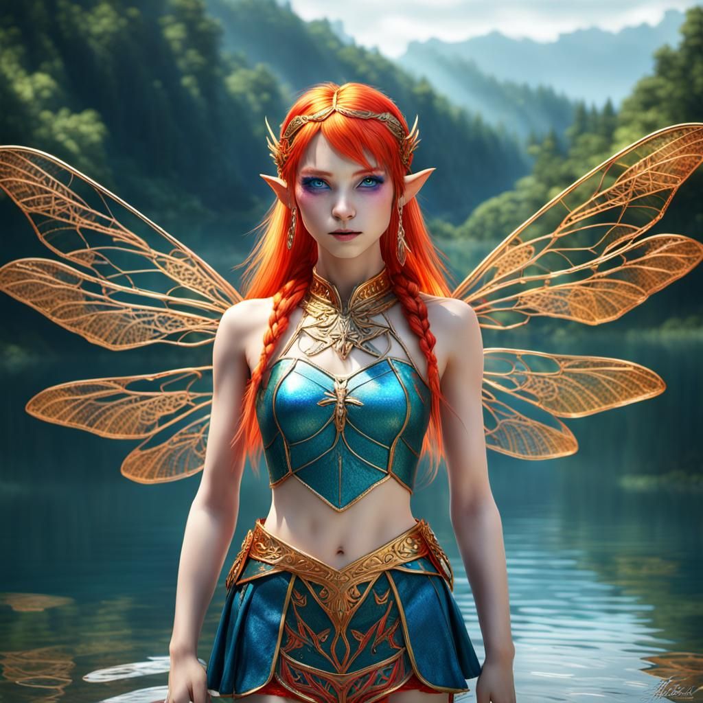 Elf Woman with Dragonfly Wings on Crystal Lake