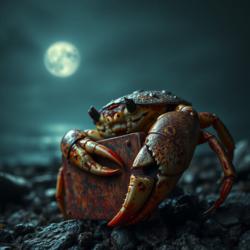 Hyperrealistic Crab Plays Harmonica on Misty Shoreline