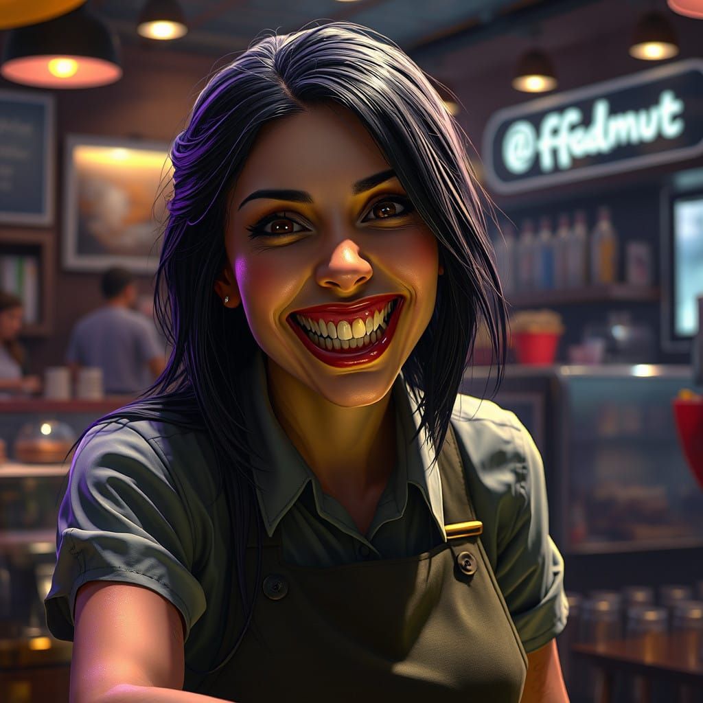 Dark Fantasy Café Worker with a Menacing Smile