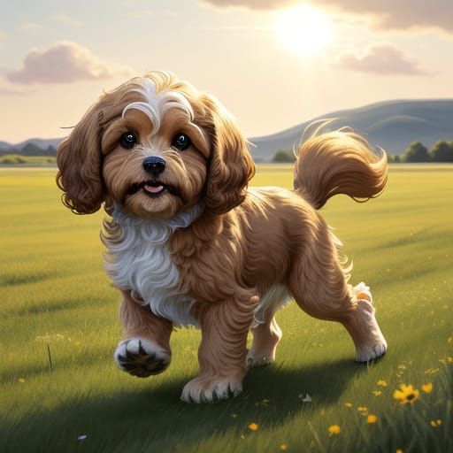Fluffy Cavapoo Puppy Running in Sunny Meadow Digital Paintin...