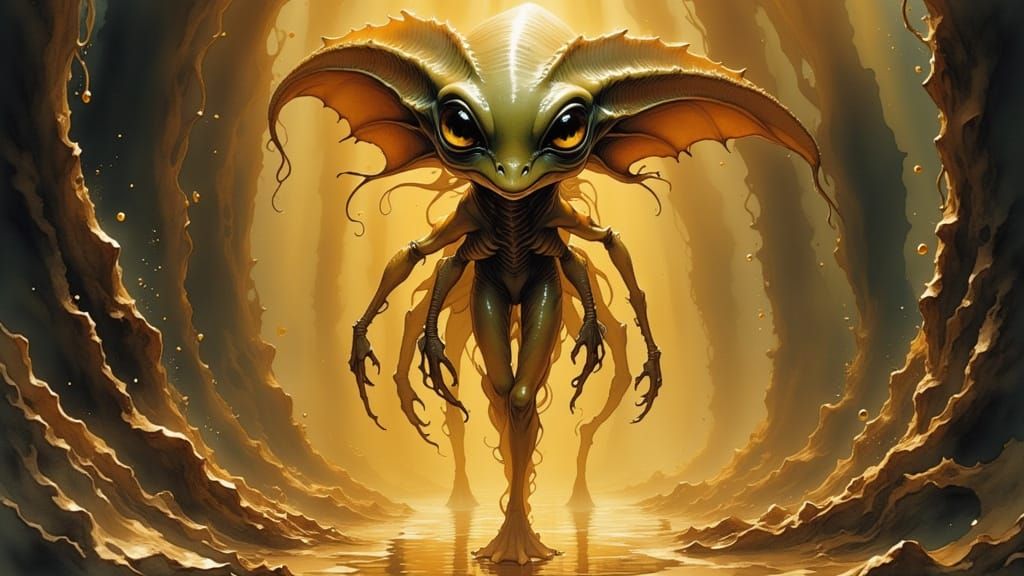 Mesmerizing Alien Portrait in Metallic Gold Foil