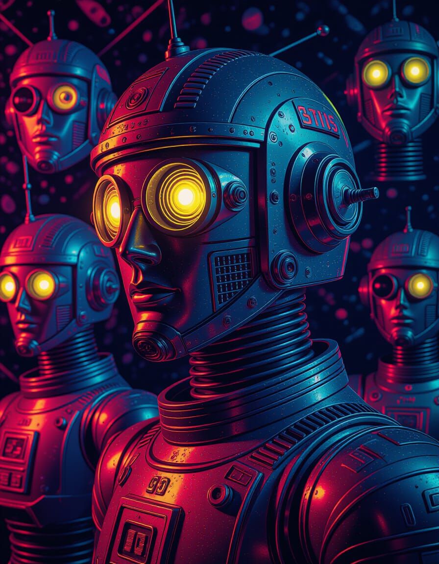 Vintage Robot Toys in Neon Hues