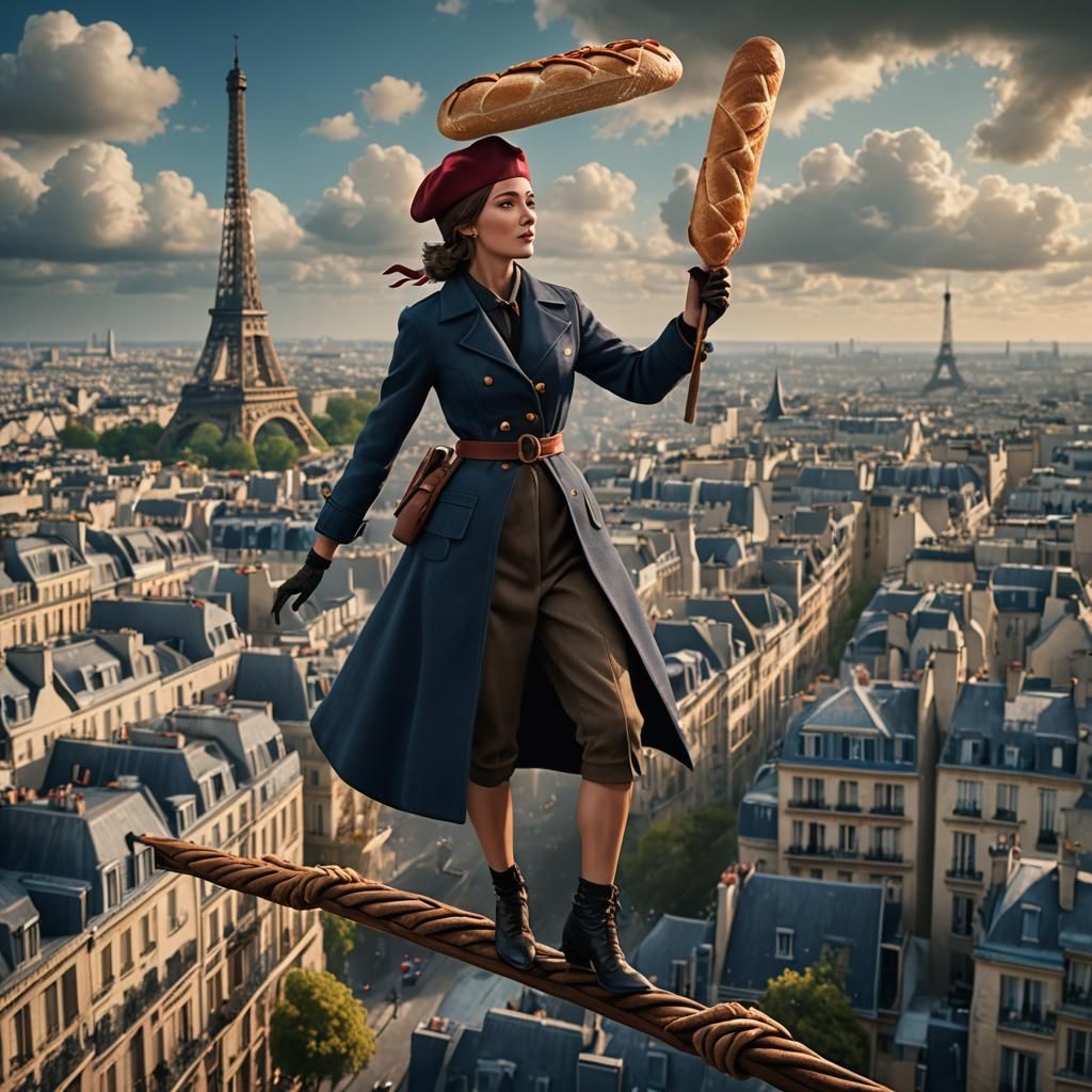 Woman Balances Baguette on Tightrope in Paris