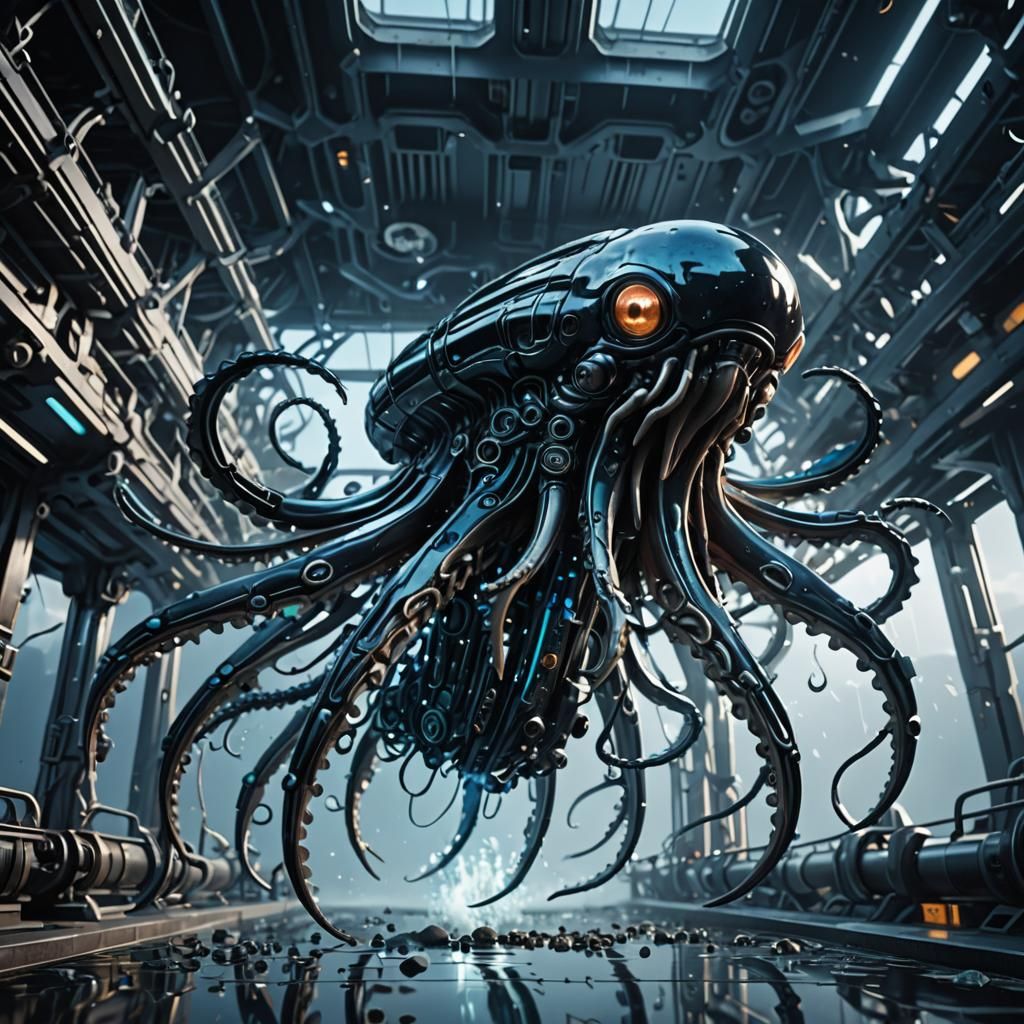 Futuristic Giant Squid Soaring: Sci-Fi Concept Art