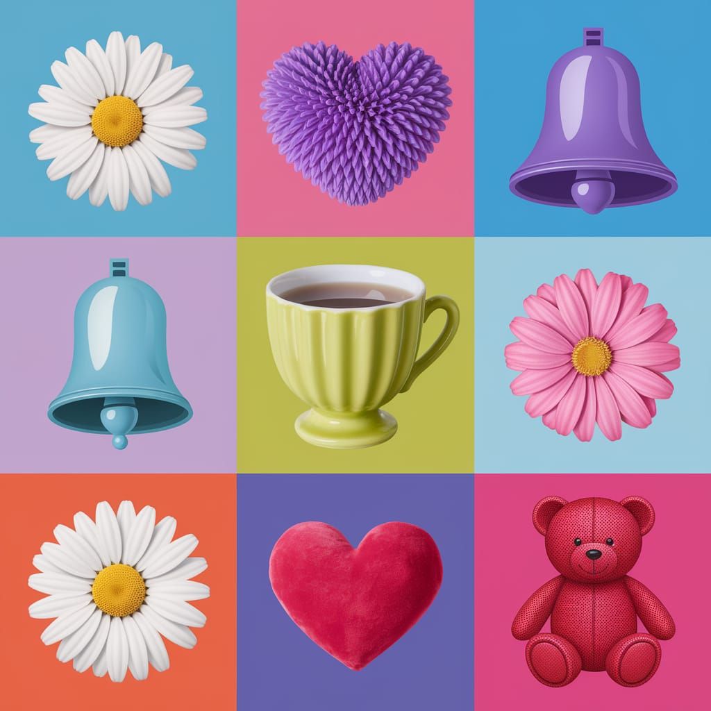 Teddy Bear, Daisy, Heart, Bell, and Teacup Still Life