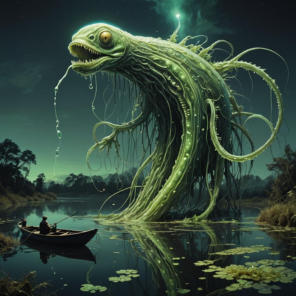 Bioluminescent Lamprey-Celery Hybrid in Surreal Setting